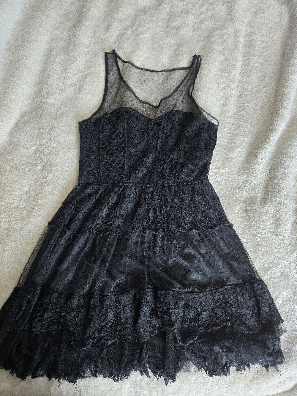 Black Lace & Mesh Tiered Dress - Women